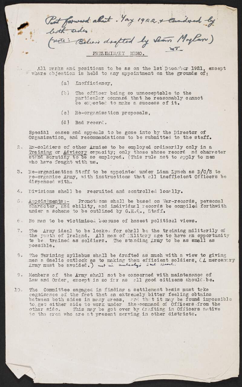 Documents regarding Irish Republican Army Convention of 26 March 1922 regarding the amalgation of the Irish Republican Army and the Free State Army,