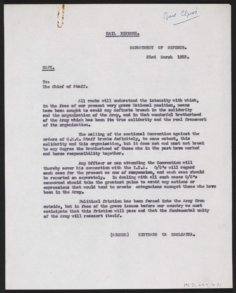 Documents regarding Irish Republican Army Convention of 26 March 1922 regarding the amalgamation of the Irish Republican Army and the Free State Army,