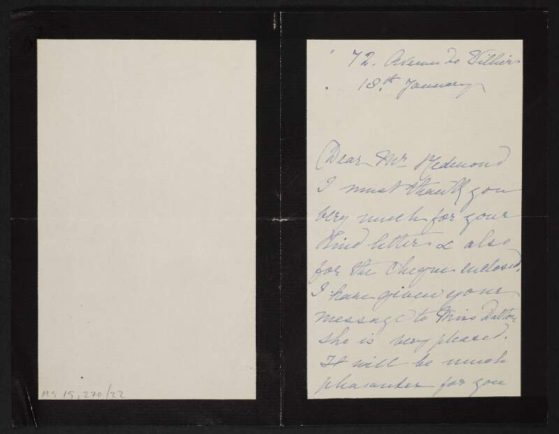 Letter from unidentified person to John Redmond thanking him for his letter and cheque,