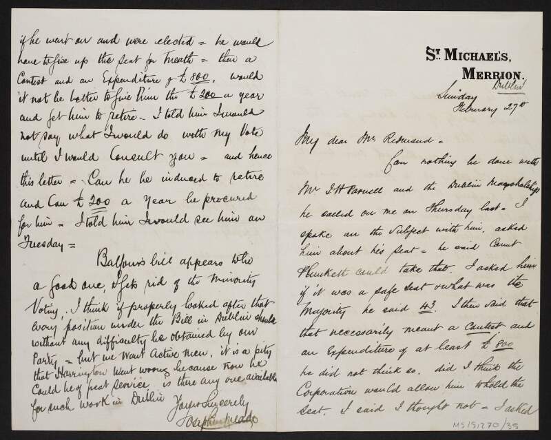Letter from Joseph Meade to John Redmond referring to John Howard Parnell's desire for the position of Dublin marshal,