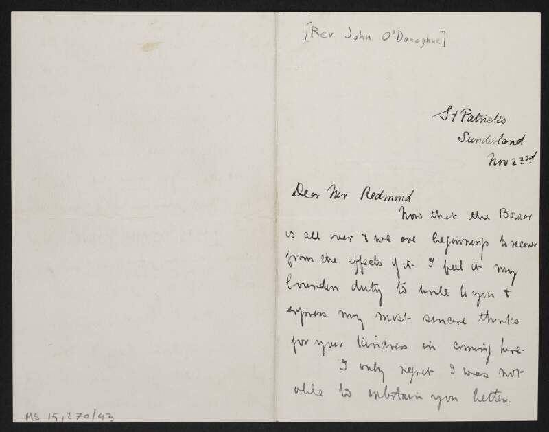 Letter from Rev. John O'Donoghue, Sunderland, to John Redmond thanking him for visiting, and referencing fundraising and a speech by Redmond,