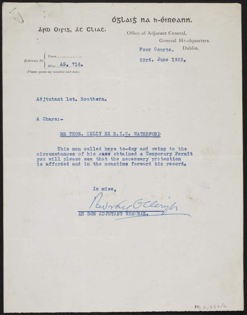 Letter from unidentified author, Irish Republican Army, to the 1st Southern Division regarding Thomas Kelly, formerly of the Royal Irish Constabulary,