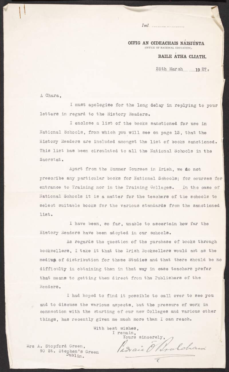 Letter from Padraic O'Brolcháin, Office of National Education, to Alice Stopford Green discussing books sanctioned for use in national schools,