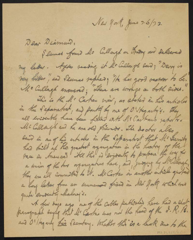 Letter from John Devoy, New York, to Diarmuid Lynch regarding the political situation in Ireland and the position taken by Clan-na-Gael,