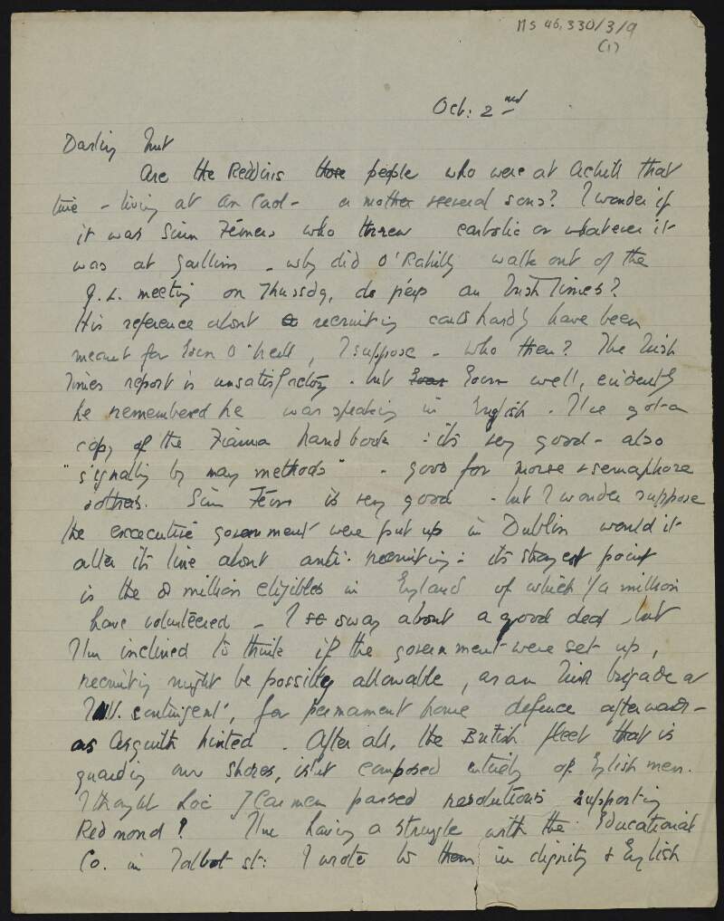 Letter from Margot Chenevix Trench to Cesca Chenevix Trench discussing an article in the paper about The O'Rahilly walking out of a Gaelic League meeting,