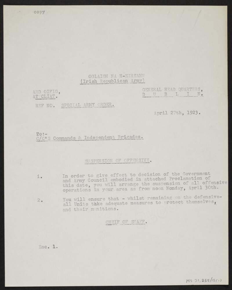 Copy circular letter of Special Army Order from the Irish Republican Army regarding suspension of offensive,