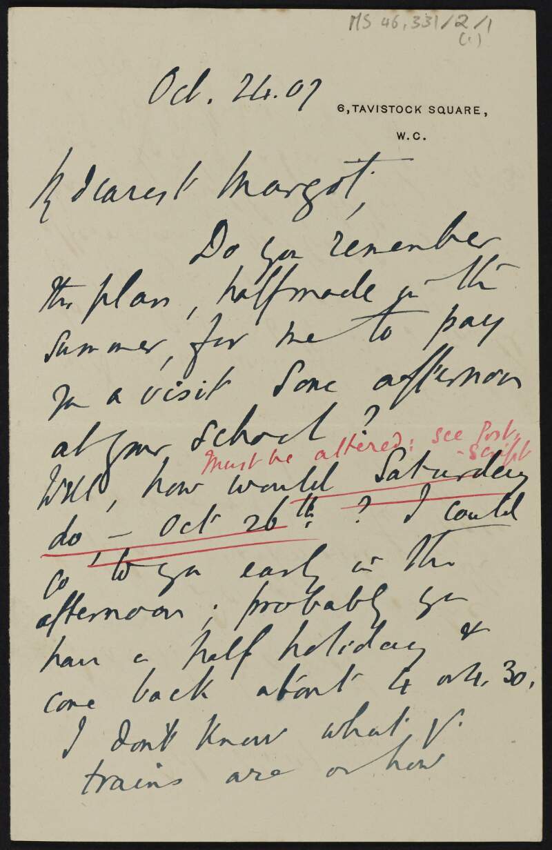 Letter from Samuel Henry Butcher, England, to Margot Chenevix Trench arranging a visit when she is on school holidays,