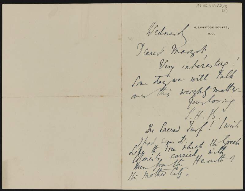 Letter from Samuel Henry Butcher, England, to Margot Chenevix Trench in which he refers to "sacred turf",