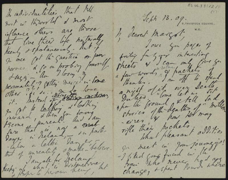 Letter from Samuel Henry Butcher, England, to Margot Chenevix Trench advising her not to let politics darken her outlook,