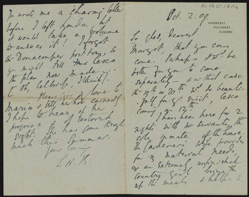 Letter from Samuel Henry Butcher, County Kerry, to Margot Chenevix Trench regarding his stay in Danesfort, Killarney, County Kerry,