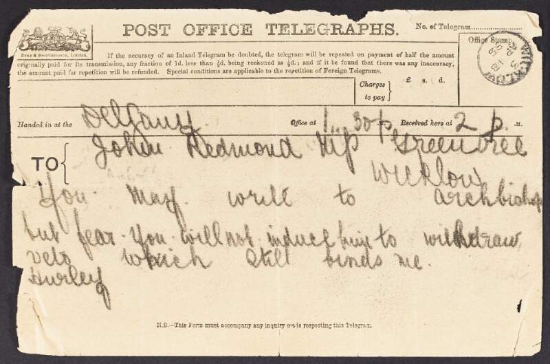 Telegram from unidentified person to John Redmond regarding writing to an archbishop,