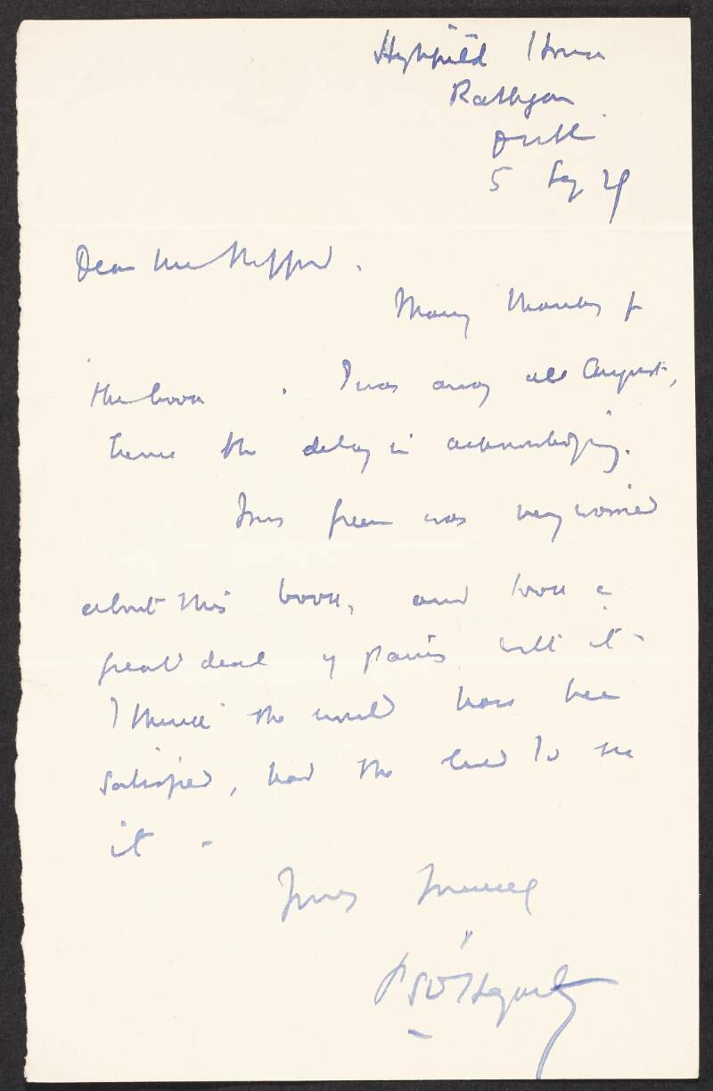 Letter from Patrick Sarsfield O'Hegarty to Robert Stopford regarding Alice Stopford Green,