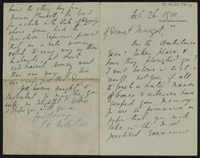 Letter from Samuel Henry Butcher, England, to Margot Chenevix Trench regarding an ambulance exam,