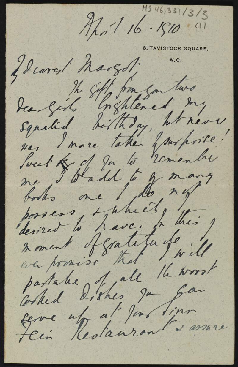 Letter from Samuel Henry Butcher, England, to Margot Chenevix Trench discussing suffragettes, his birthday, and the debating society,
