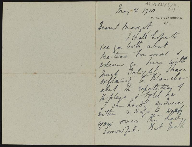 Letter from Samuel Henry Butcher, England, to Margot Chenevix Trench arranging to meet her and Cesca,