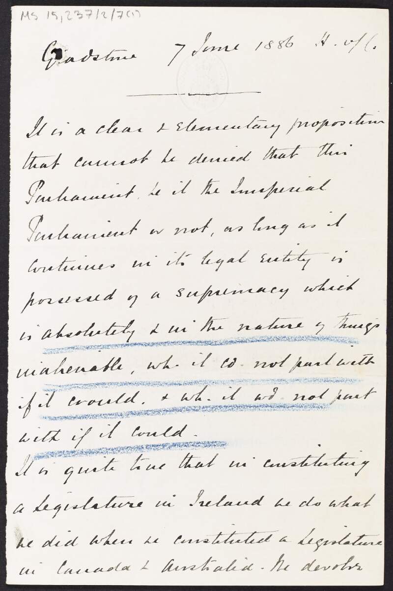 Notes by John Redmond on Gladstone's speech introducing the first Home Rule Bill in the House of Commons,