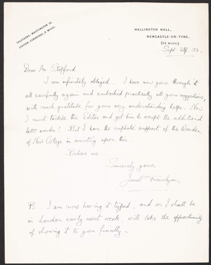 Letter from Janet Trevelyan to Robert Stopford discussing an article regarding Alice Stopford Green,