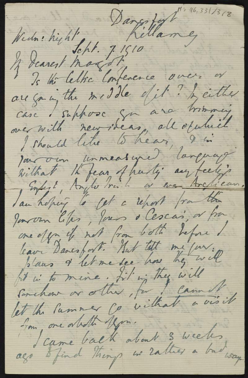Letter from Samuel Henry Butcher, County Kerry, to Margot Chenevix Trench regarding the Celtic Conference,