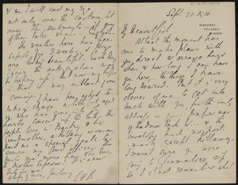 Letter from Samuel Henry Butcher, County Kerry, to Margot Chenevix Trench arranging for her to visit,