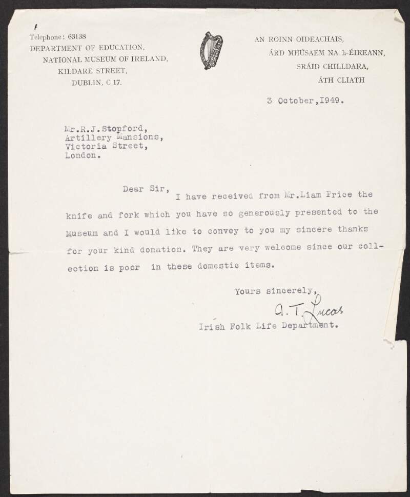 Letter from A.T. Lucas, Irish Folk Life Department, to Robert Stopford thanking him for a donation to the museum,