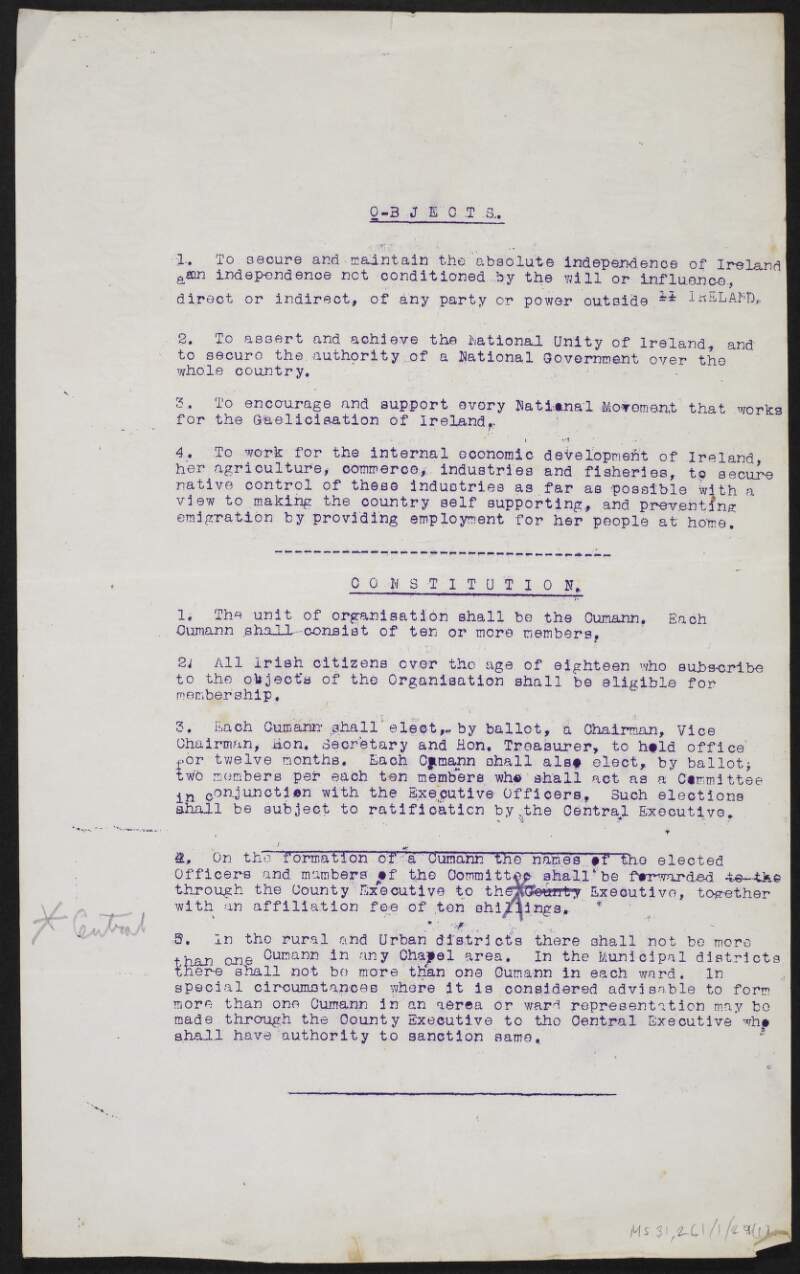 Partial draft copy constitution from the Neutral I.R.A. Members' Association regarding starting an Irish republican political Party,