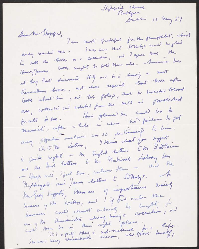 Letter from Patrick Sarsfield O'Hegarty to Robert Stopford discussing [Alice Stopford Green],