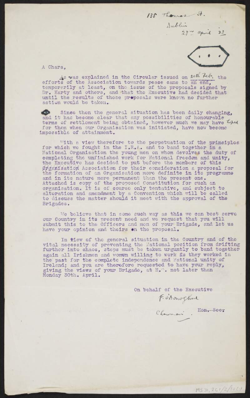 Copy letter from Florence O'Donoghue to Donal O'Hannigan regarding plans to start an Irish political party,
