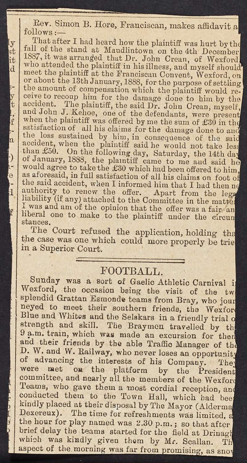 Newspaper cutting of a report on the district council meeting on the Irish National League in Enniscorthy, Co. Wexford,