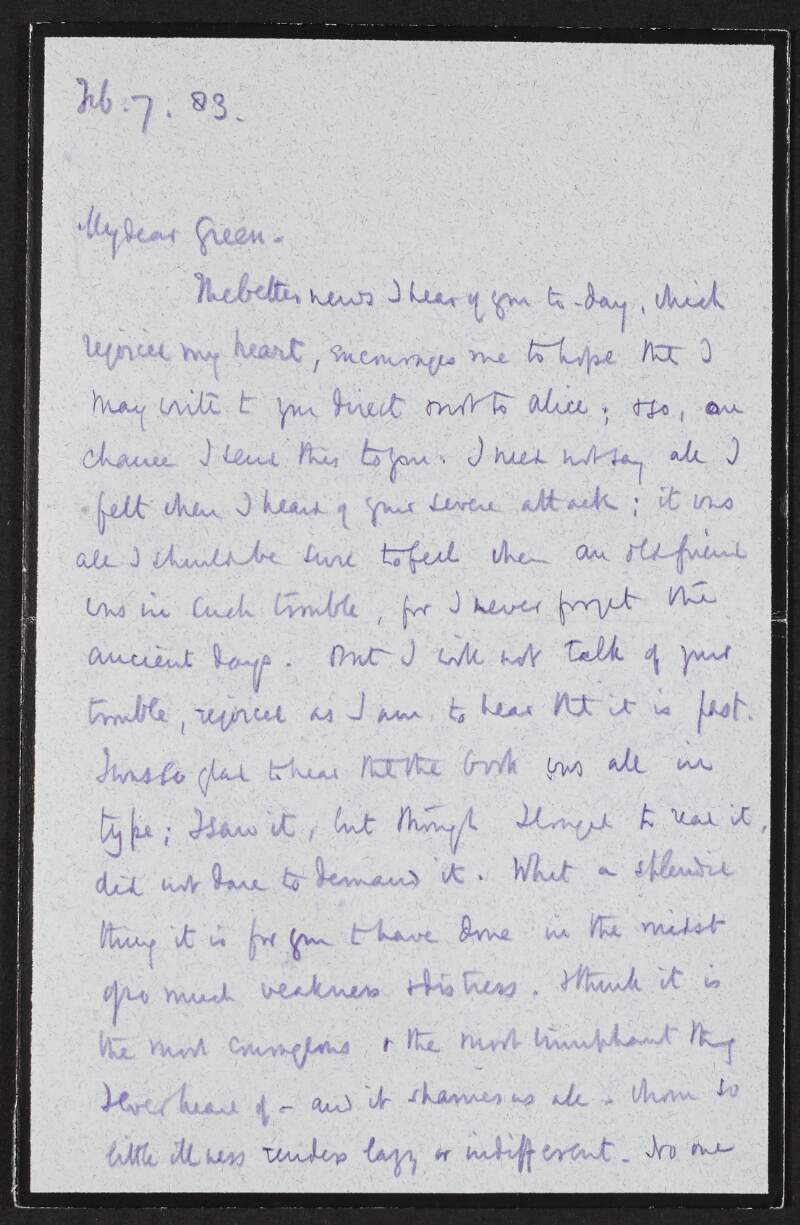 Letter from Stopford Augustus Brooke to John Richard Green discussing Green's work, his children and poetry,