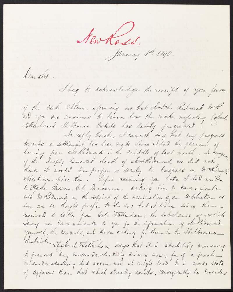 Letter from Peter A. Pope to unidentified recipient regarding the prospects of a settlement of the tenants' claim against Colonel Tottenham, and the appointment of an arbitrator,