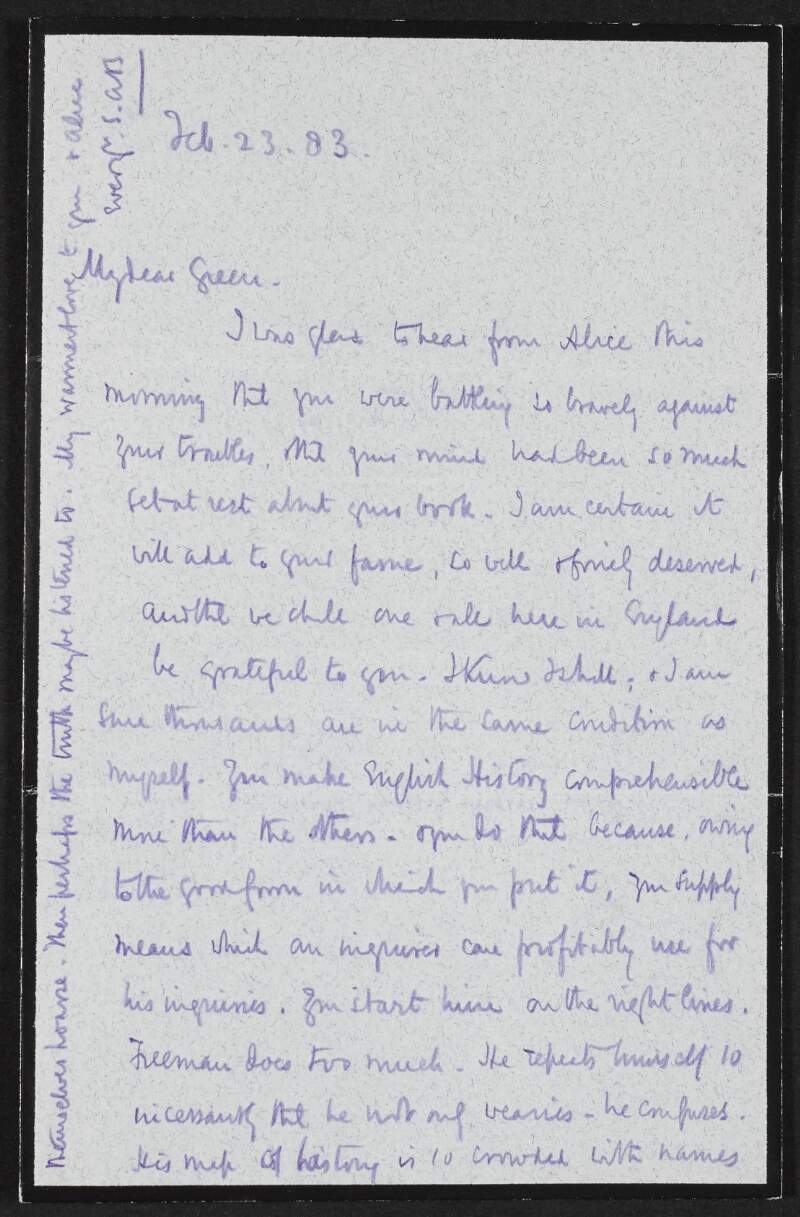 Letter from Stopford Augustus Brooke to John Richard Green discussing Green's work and other authors,