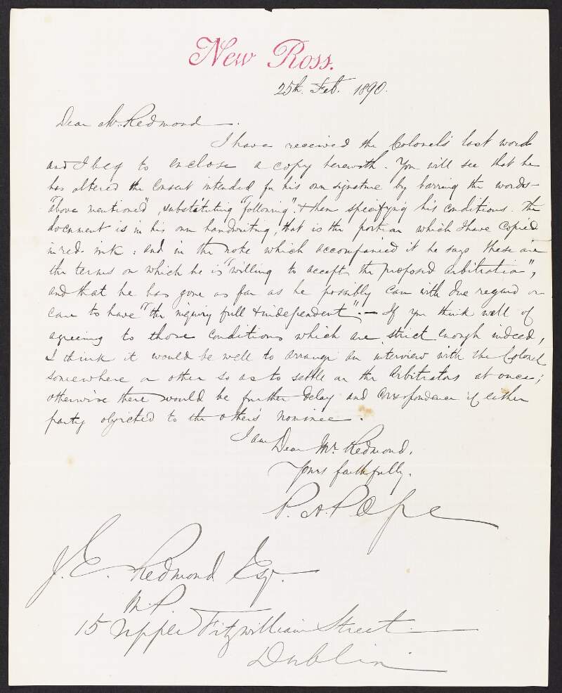 Letter from Peter A. Pope to John Redmond regarding arbitration on Colonel Tottenham's estate,