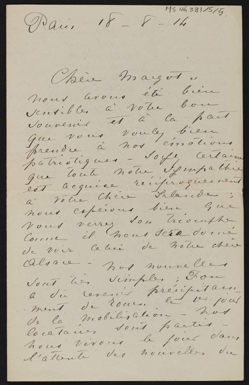 Letter from unidentified author, Paris, France, to Margot Chenevix Trench discussing memories of Margot and Cesca, and referring to Warrenpoint,