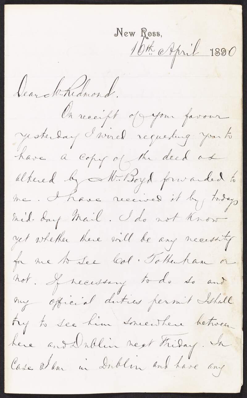 Letter from Peter A. Pope to John Redmond regarding an altered deed,