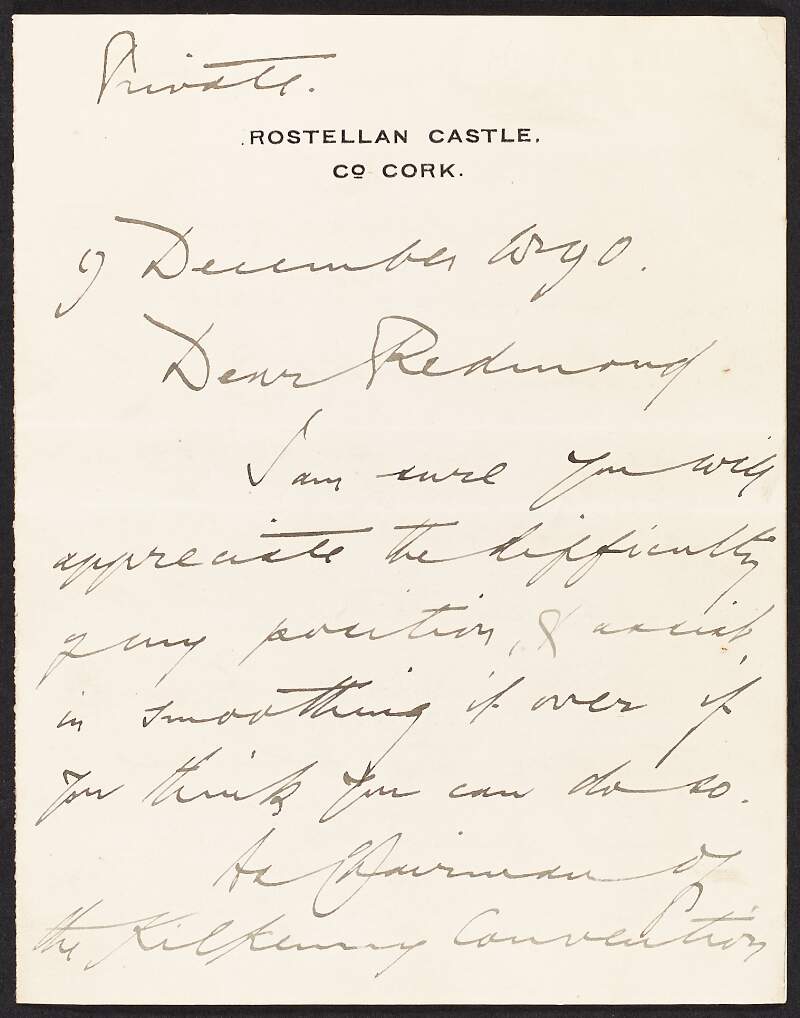 Letter from unidentified person to John Redmond referring to the Kilkenny Convention,