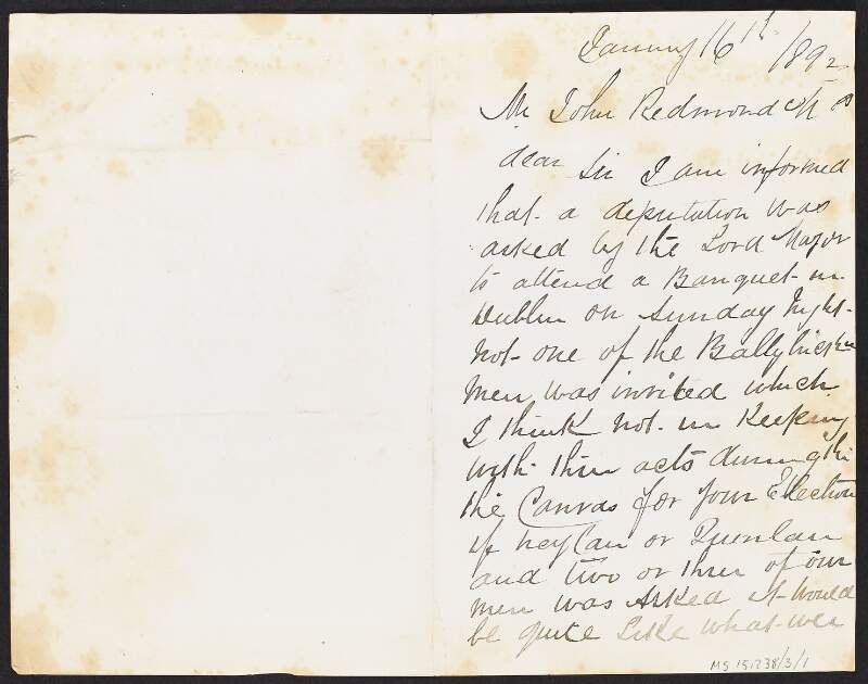 Letter from unidentified person to John Redmond regarding an invitation by the Lord Mayor to attend a banquet,