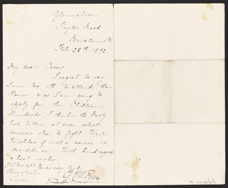 Letter from unidentified person to James Laurence Carew informing him that he is ill, and suggesting the party selects someone else to contest in West Wicklow,