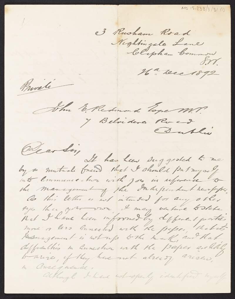 Letter from William O'Malley to John Redmond regarding problems he sees in the management of the 'Irish Daily Independent',