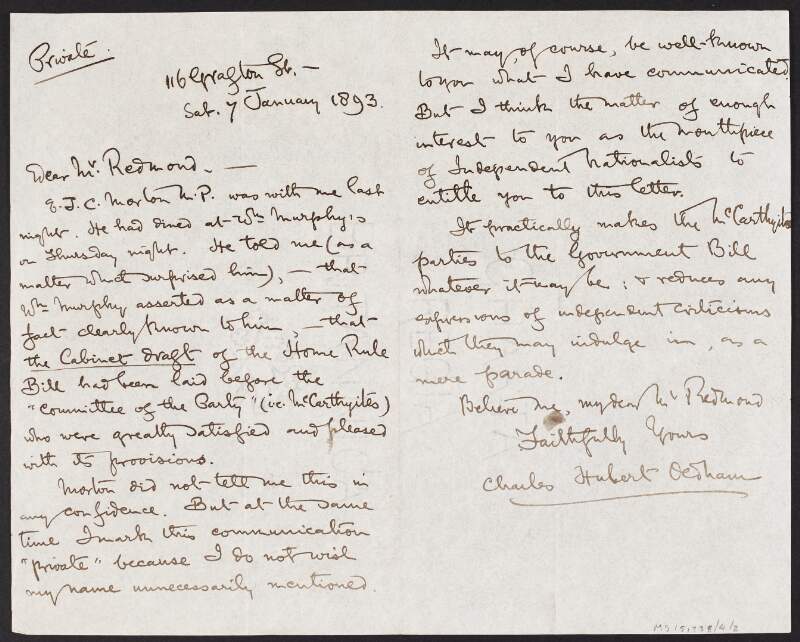 Letter from Charles Hubert Oldham to John Redmond regarding the cabinet's draft of the Home Rule Bill,