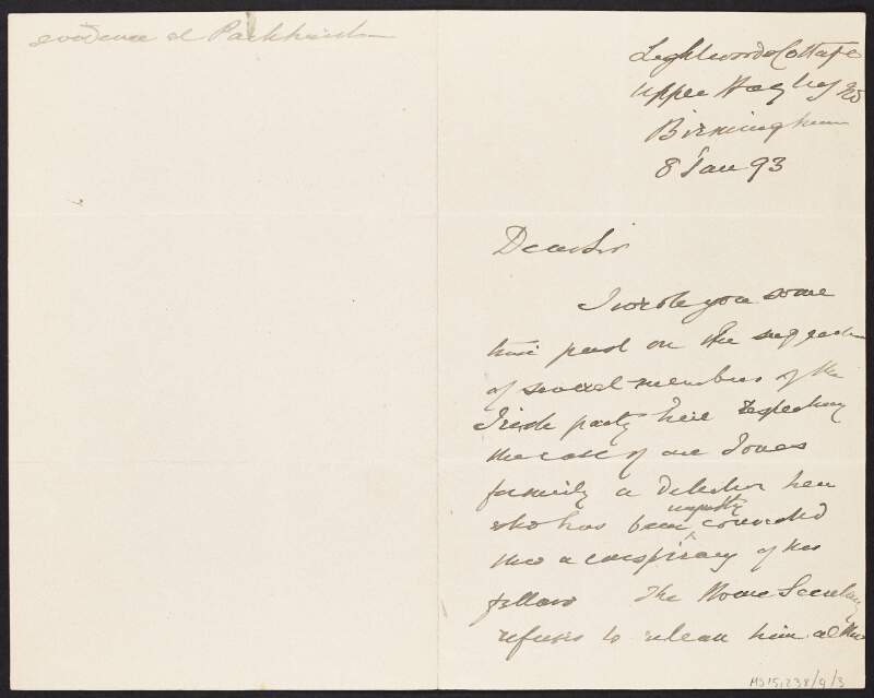 Letter from unidentified person to John Redmond discussing the police,