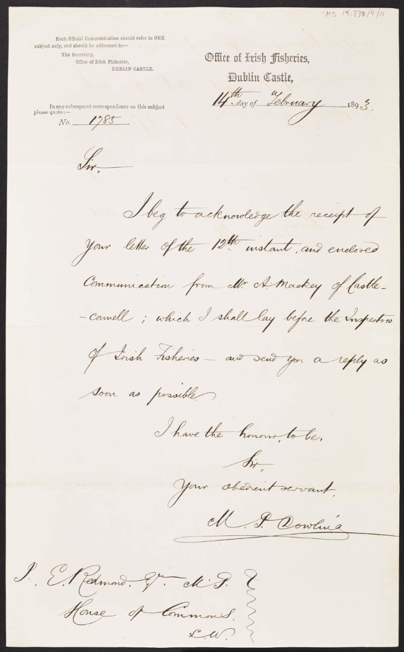 Letter from unidentified person, Office of Irish Fisheries, to John Redmond acknowledging receipt of communicaton,