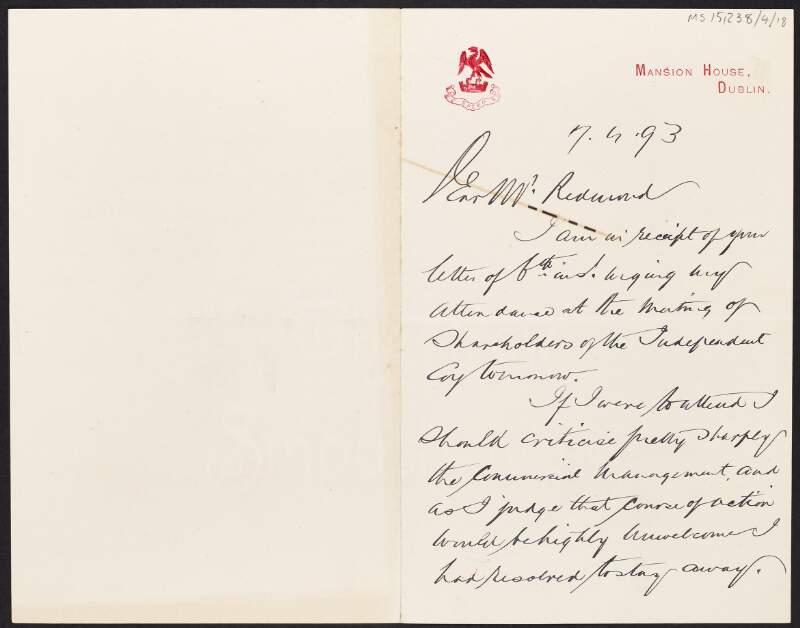Letter from James Shanks, Lord Mayor of Dublin, to John Redmond noting that he will not attend the meeting of shareholders of the Independent [Company],