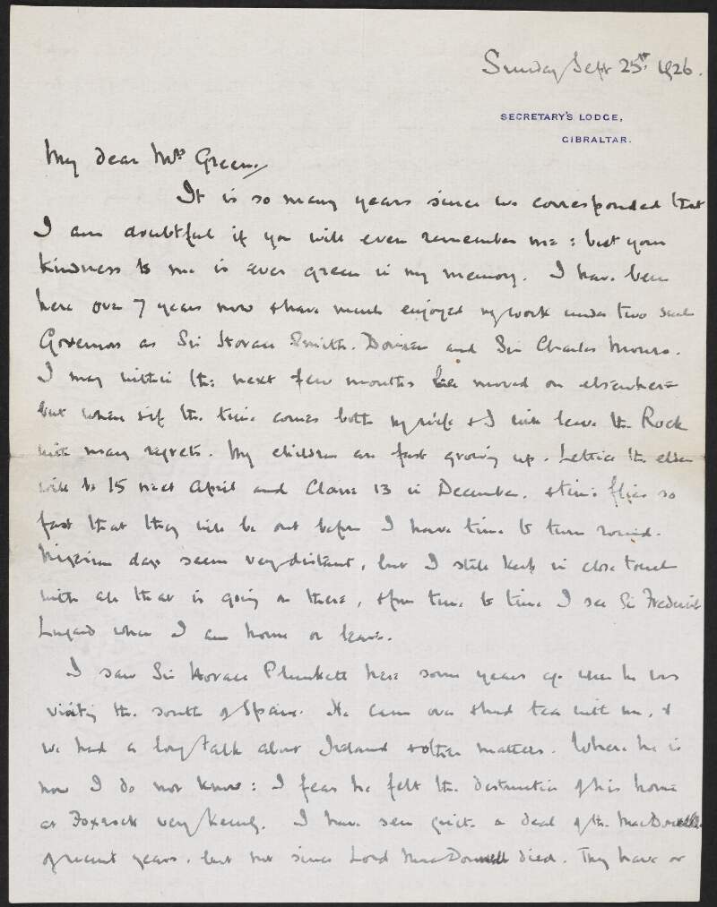 Letter from Charles William James Orr to Alice Stopford Green discussing his family, Horace Plunkett, events in Ireland and Miguel Primo de Rivera,