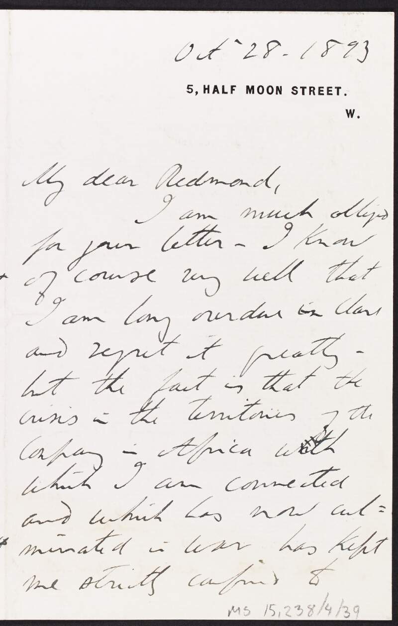 Letter from unidentified person to John Redmond referring to Matabeleland, and requesting Redmond attends a meeting,