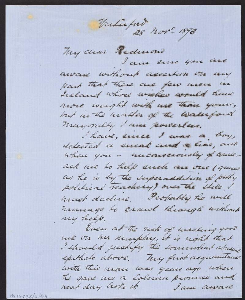 Letter from Laurence Strange to John Redmond on municipal politics in Waterford and his reasons for declining to vote for a candidate in a mayoral election,
