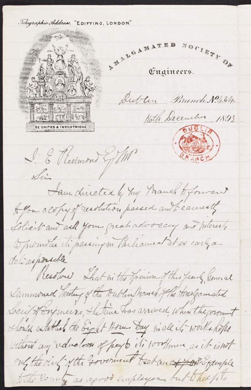 Letter from unidentified person, Amalgamated Society of Engineers, to John Redmond regarding a resolution passed by the society,