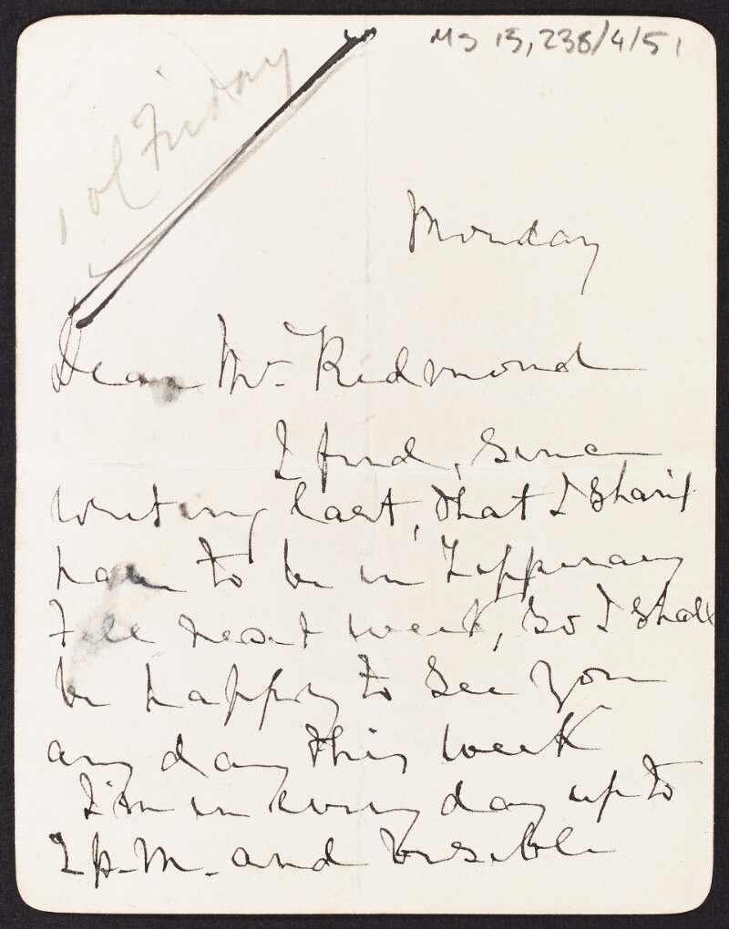 Letter from John O'Leary to John Redmond on arranging a meeting,