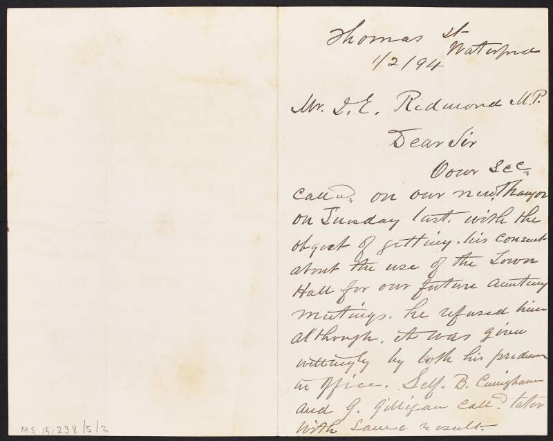 Letter from unidentified person, Waterford, to John Redmond regarding the use of the Town Hall for meetings,