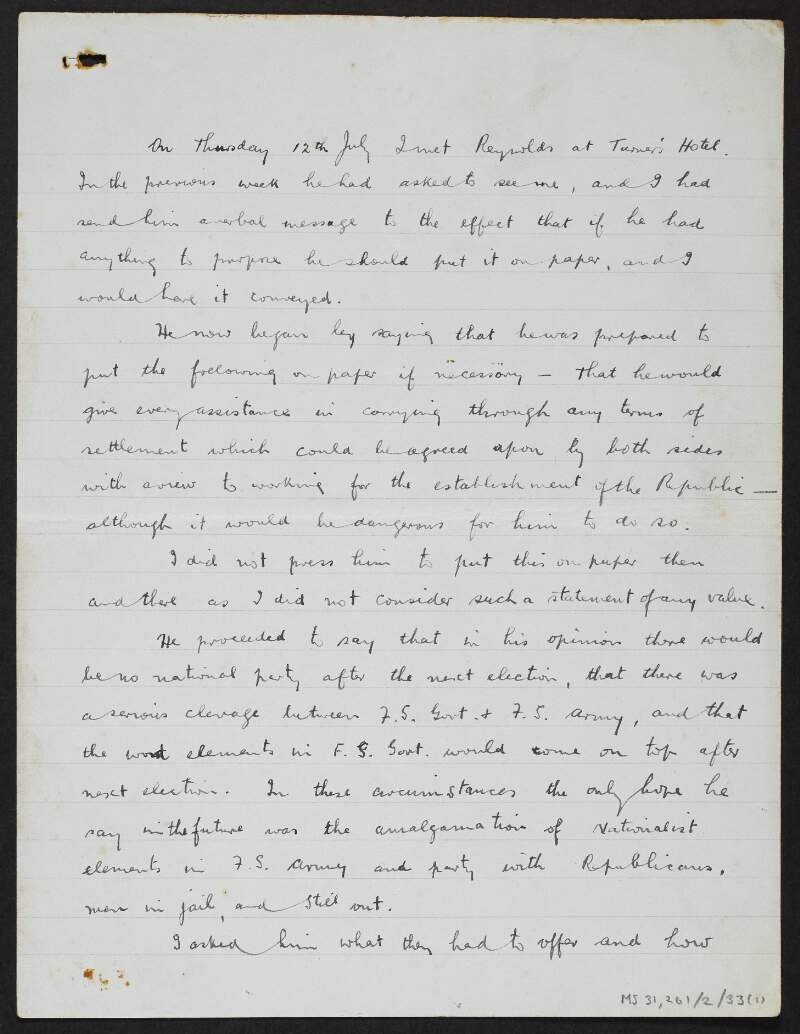 Letter from Florence O'Donoghue to an unidentified recipient regarding negotiations with an unidentified person to secure the release of republican prisoners and continued peace,