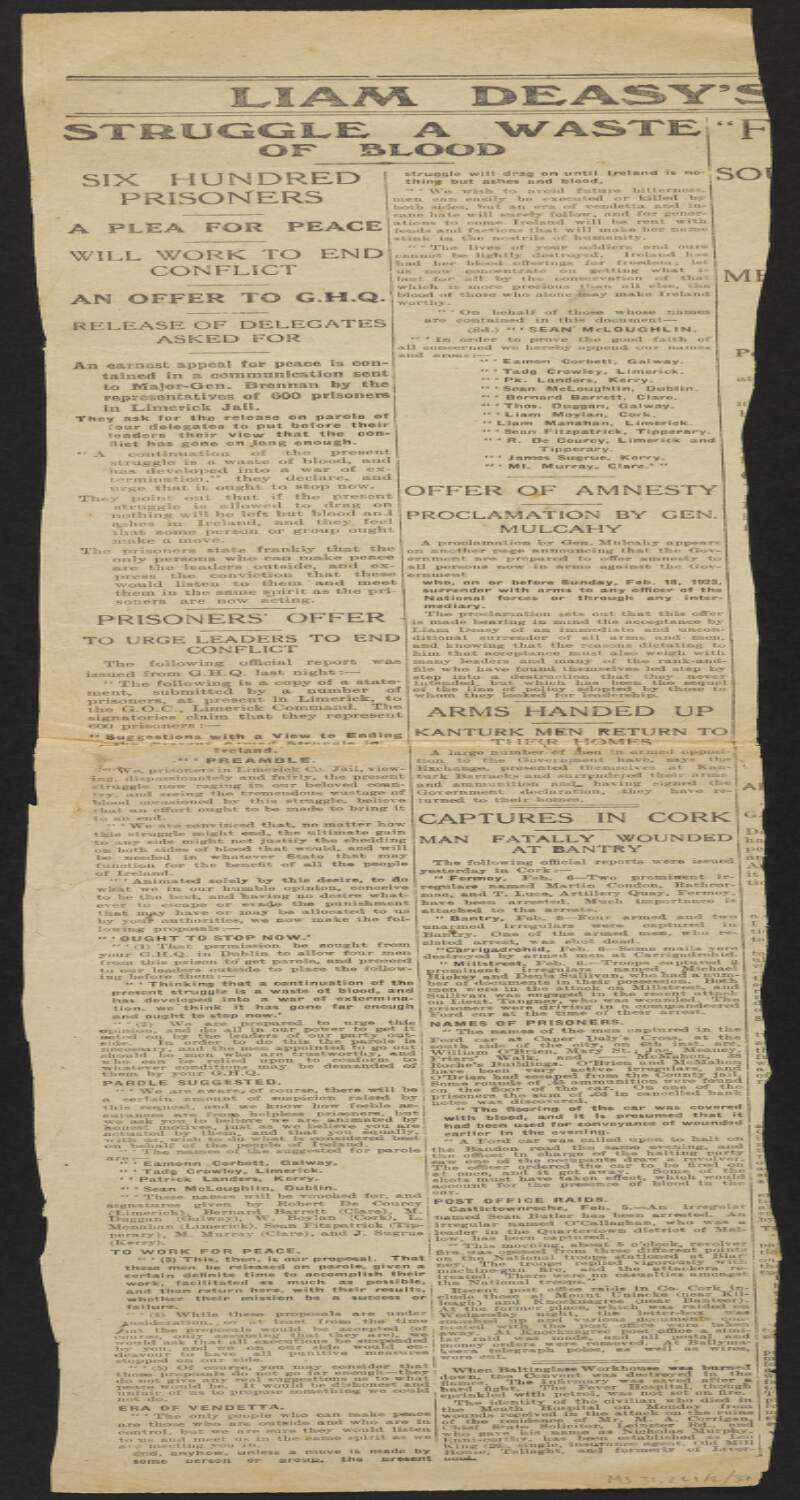 Newspaper cutting from the 'Irish Independent' regarding a plea from republican prisoners in Limerick Jail to be release in an attempt to end the Irish Civil War,